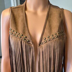 Fringe faux suede vest with beads.  Brown.  Size:   Small